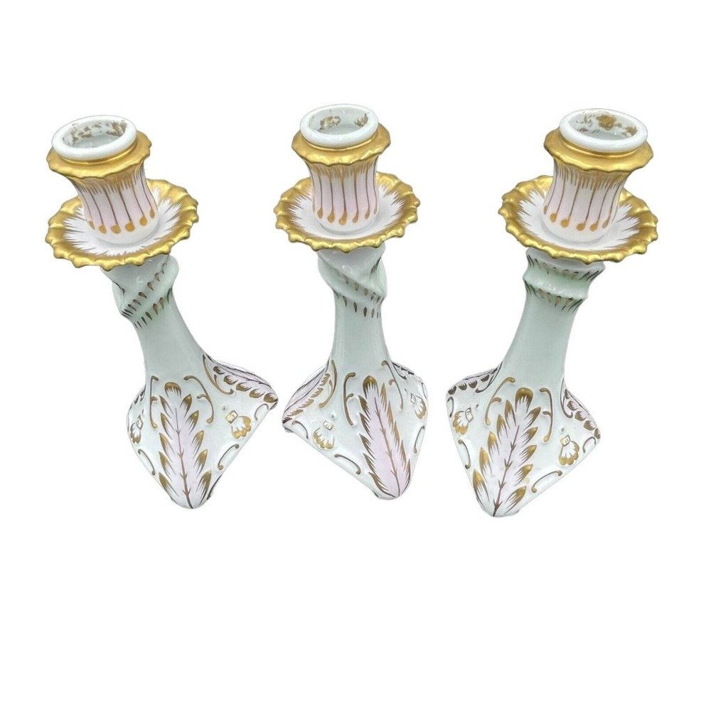 Hollohaza Hungary Porcelain 9016  Candlestick Holder Set Of 3 White Pink Green